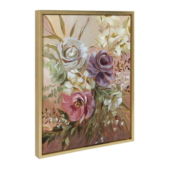 Kate and Laurel Sylvie Rose Bouquet Framed Canvas Wall Art by Annie Quigley, 18x24 Gold, Soft Botanical Flower Bouquet Art for Wall Home Decor
