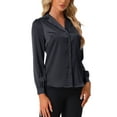 thumbnail image 4 of INSPIRE CHIC Women's Shirt Flat Collar Long Sleeves Button Down Office Satin Shirt XL Black Blue, 4 of 5