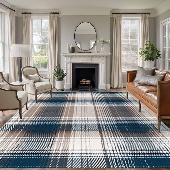 Blue Brown Plaid Large Area Rug 8x10 FT, Non Slip Living Room Throw Carpet, Modern Abstract Striped Gingham Checked Washable Soft Indoor Outdoor Carpet Non-Shedding Rug for Bedroom Dining Room