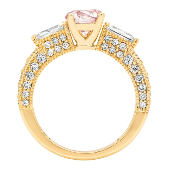 2.33 ct Round Cut Simulated Pink Diamond Three-Stone Engagement Ring for Women in 18K Yellow Gold