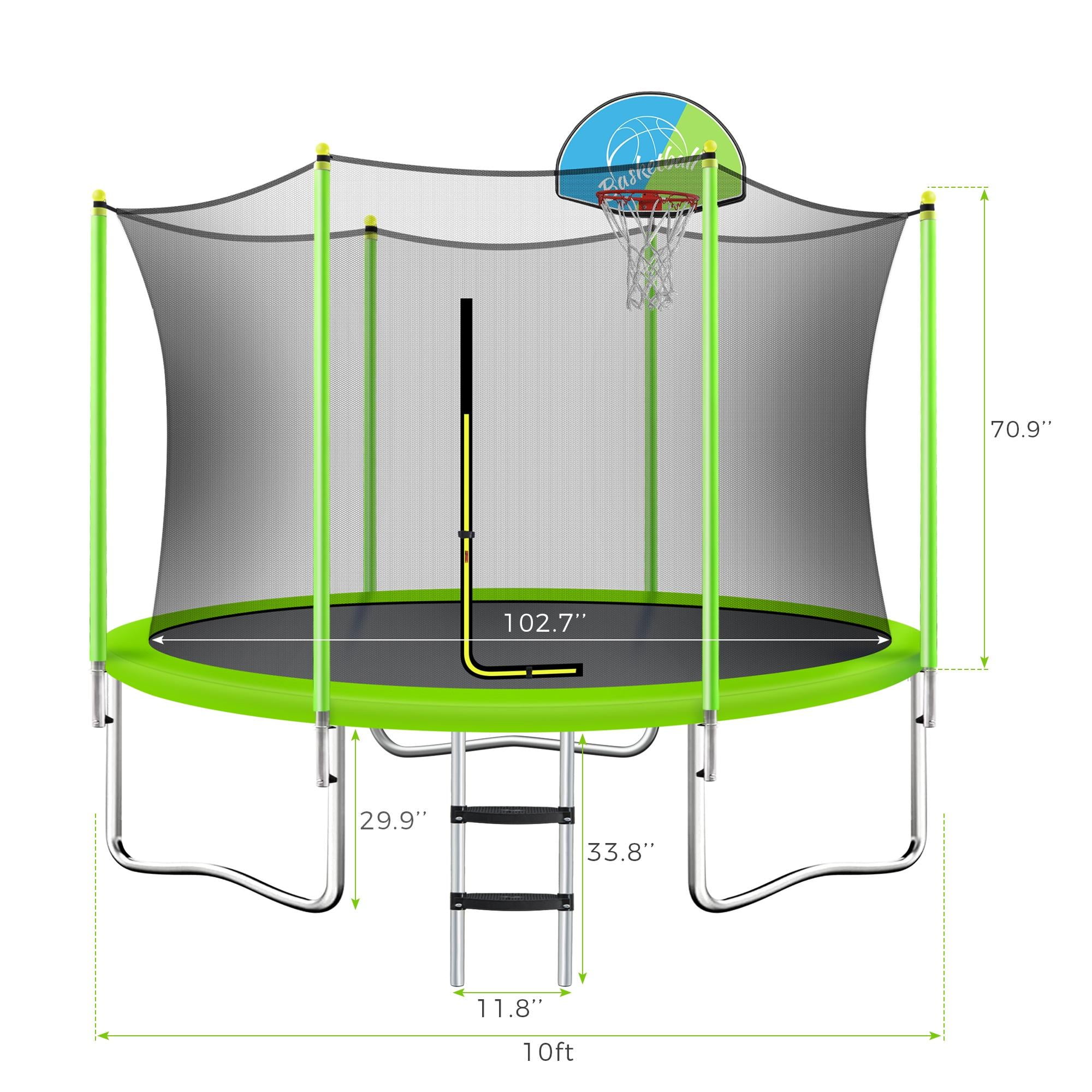 10FT Outdoor Trampoline - Seizeen Heavy-Duty Trampoline with Enclosure Net & Basketball Hoop, Large Trampolines Thickened for Kids Jumping, Green