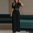 thumbnail image 2 of Ecqkame 2 Piece Sets for Women Temperament Elegant Solid Short Sleeve Crew Neck Button Top and Wide Leg Pants Casual Business Outfit Set Black L, 2 of 7