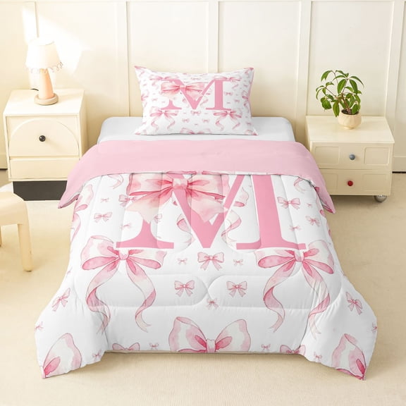 spefrowx Cute Bow Monogrammed Twin Comforter Sets for Kids, Pink Letter M Print Bedding Set, Pink Reversible, 2-Piece, 1 Comforter and 1 Pillowcase