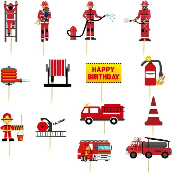 XYKA Clearance Fireman Cake Toppers 14 Pcs Fire Truck Hydrant Cupcake Picks Cake Decoration for Fireman Themed Happy Birthday Party and Paper Decorations Perfect for Kids Party Celebrations Ideal