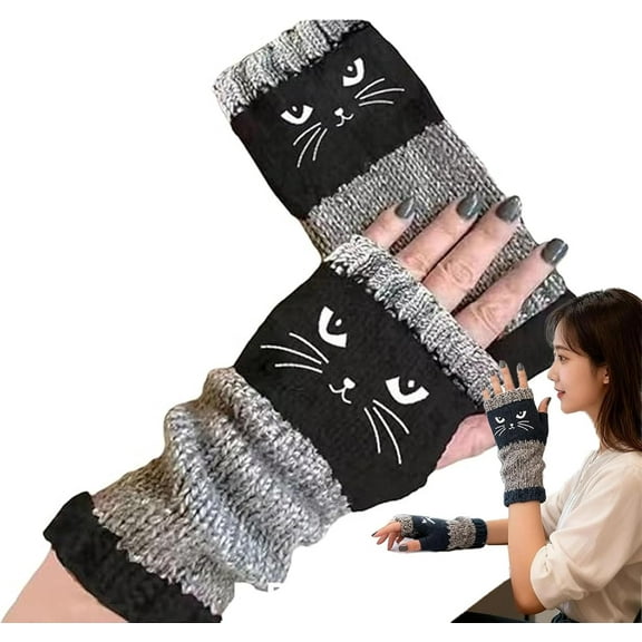 Women's Knitted Fingerless Gloves with Cute Cat Embroidery, Cat Embroidery Splicing Knitted Gloves Warm, for Outside
