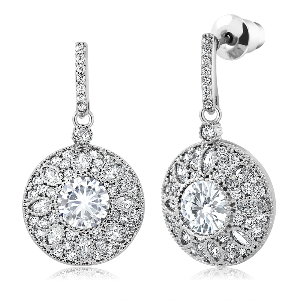Gem Stone King Round 6MM White Cubic Zirconia Dangle Earrings for Women