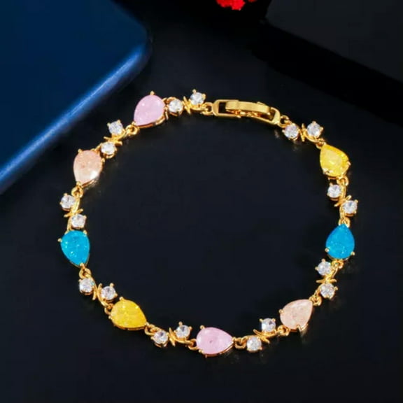 Luxury Gold Multi Blue Pink Color CZ Drop Tennis Bangle Bracelet for Women Party