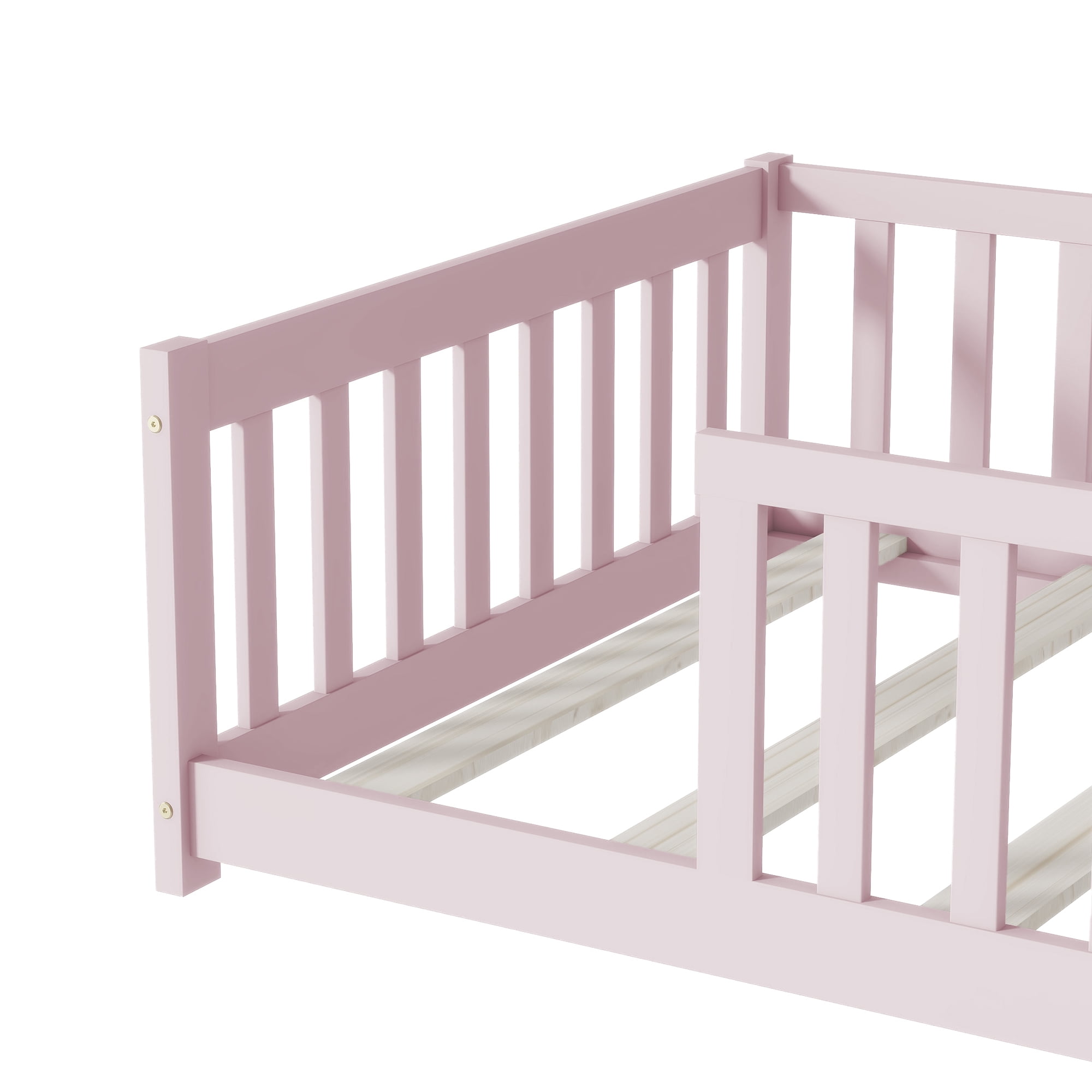 Alvantor Twin Size Floor Bed, Solid Wood Toddler Bed with Slat and Fence Guardrail, Montessori Floor Bed for Kids, Boys, Girls,Pink