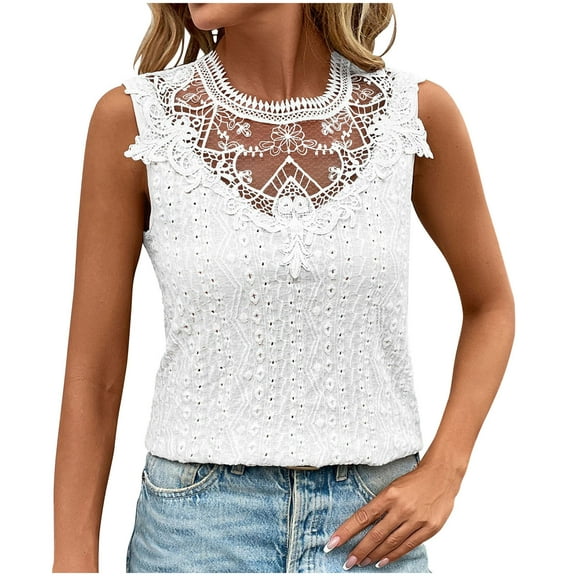 Lace Tank Tops for Women Sleeveless Round Neck Hollow-out Dressy Casual Blouses Cozy Elegant Summer Going Out Tees (XL, White)