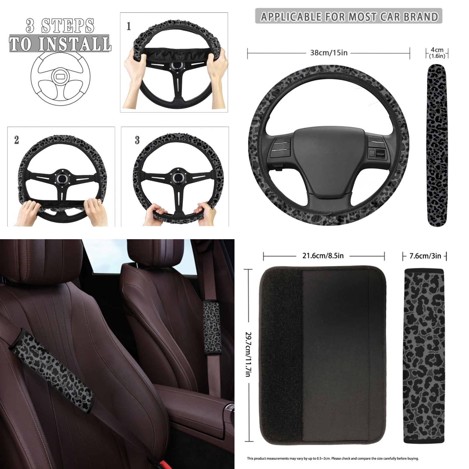 Yuyamidu Black Leopard Print Car Seat Cover Set Steering Wheel Covers Auto Seatbelt Pads Cup Coaster Lipstick Organizer Keychain Wrist Key Chain, 12 Piece
