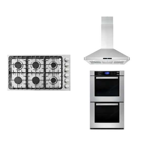 3 Piece Kitchen Package With 36" Gas Cooktop 36" Island Range Hood 30" Double Electric Wall Oven