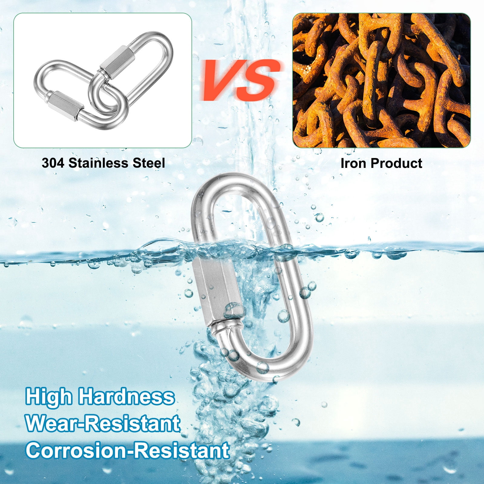 2-Pack Quick Chain Link Connector, M12 1/2 304 Stainless Steel D-Shape Locking Repair Chain Links for Swing/Camping/Hiking/Backpack, Twist Key Ring Screw Chain Link [Silver]