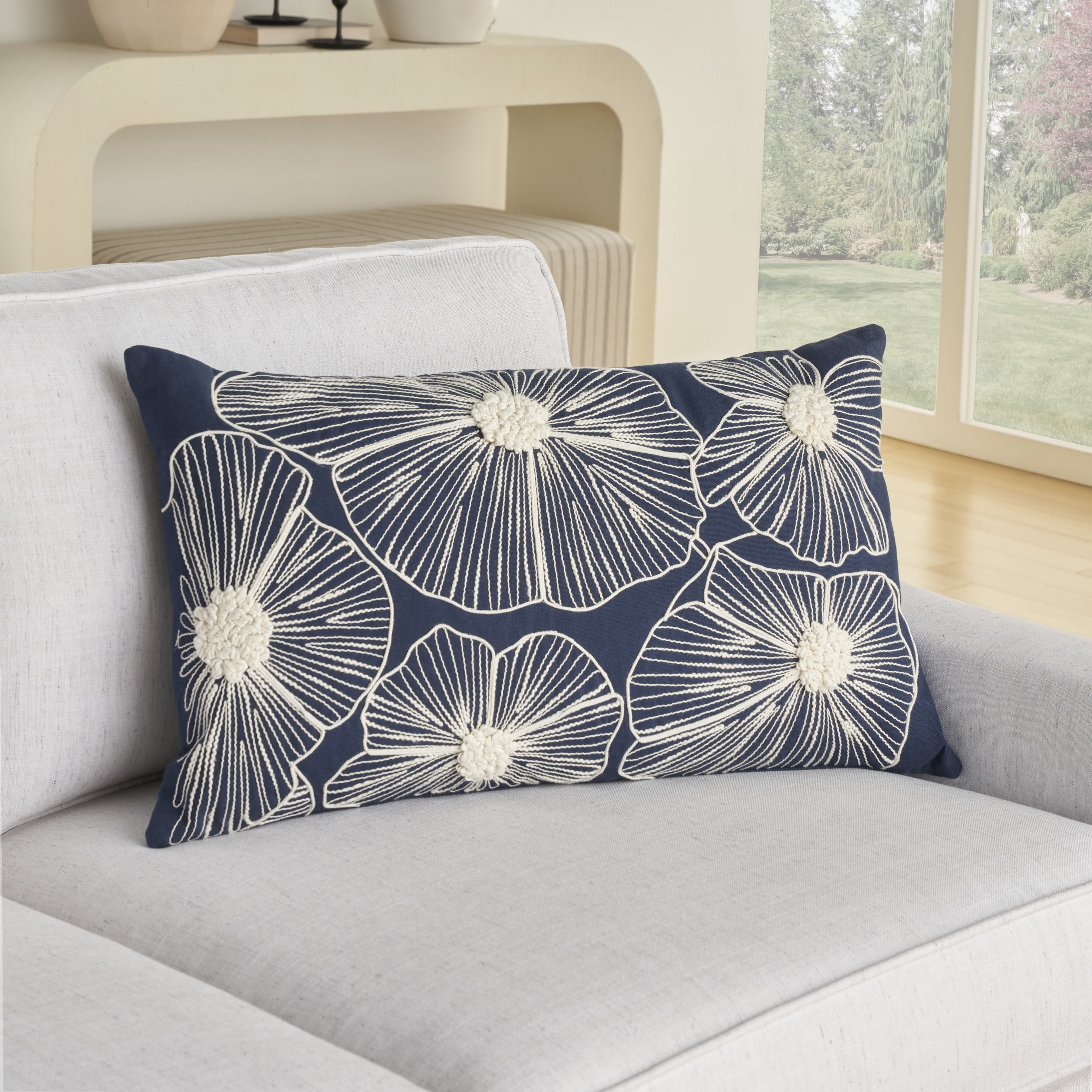 Nourison Life Styles Embroidered Flowers Navy 14" x 24" Throw Pillow Cover