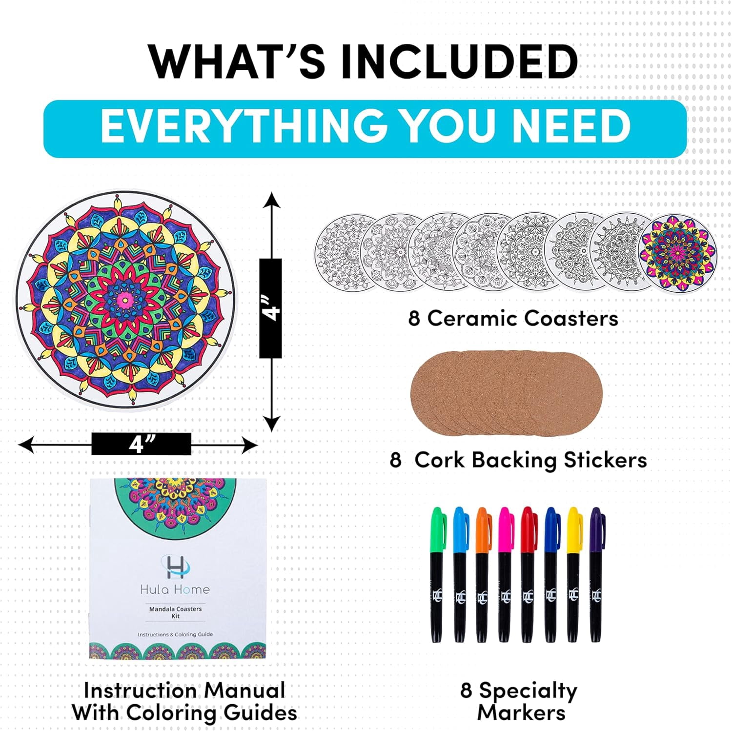 Color Your Own Coaster Mandalas w/Markers | 8 Absorbent Ceramic Tiles w/Cork Base | Gift Arts and Crafts DIY Kit for ults, Hobby, Teens, Seniors, Women, Elderly