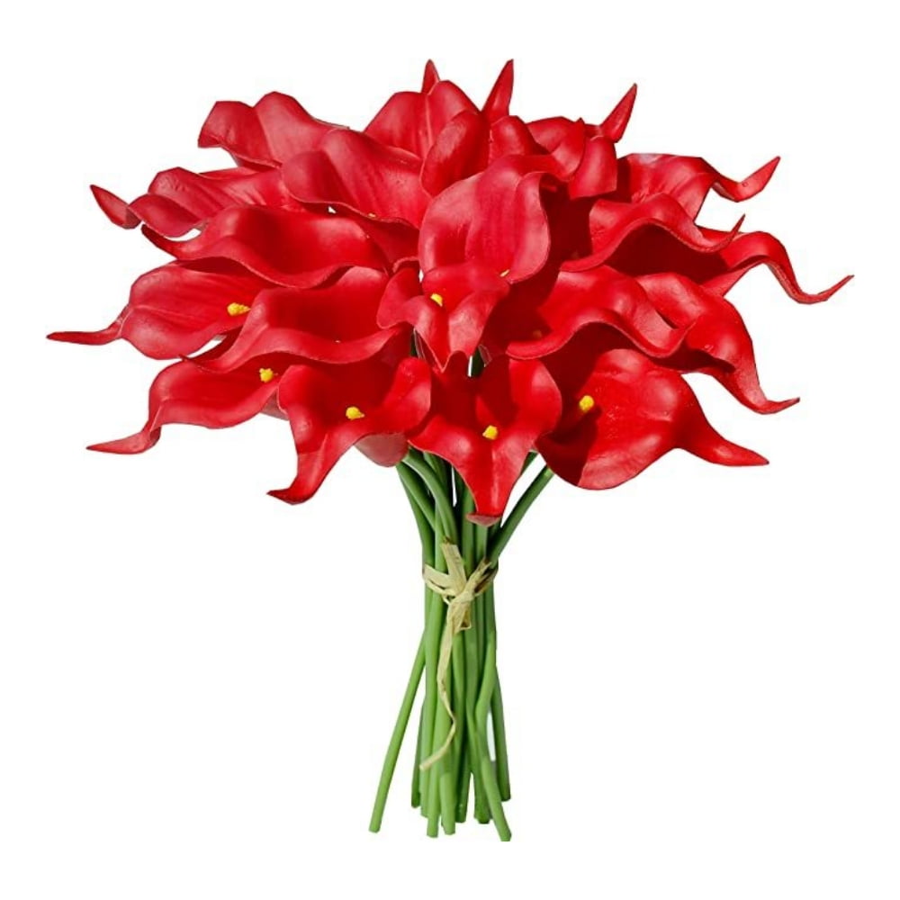 Lankey 20pcs Red Flowers Artificial Calla Lily Real Touch Silk Flowers