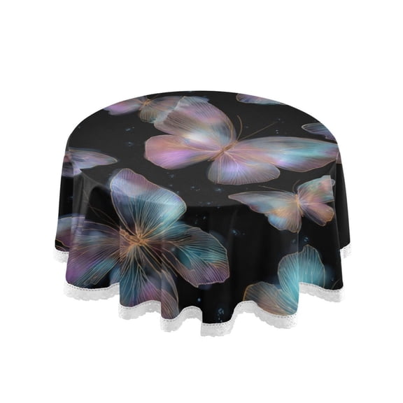60 Inch Round Tablecloth with White Lace Trim Fall Table Cover for Elegant Dining Decor Pink and Cyan Butterflies