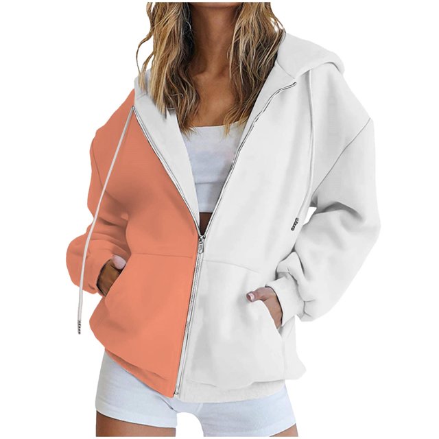 Timegard Zip up Hoodies for Women Long Sleeve Color Block Sweatshirts Fall Winter Loose Comfy Jacket