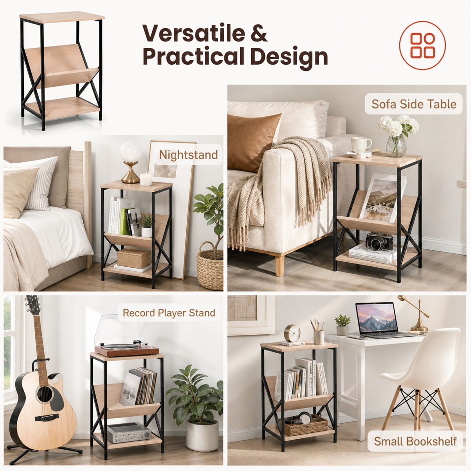 Furnibear 3-Tier Industrial Side Table with V-Shaped Bookshelf Magazine Holder and Steel Frame for Living Room and Bedroom, Natural