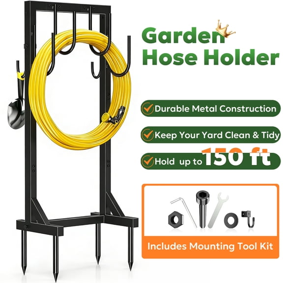 Garden Hose Holder Freestanding, Detachable Heavy Duty Metal Hose Stand with 6 Hooks, Water Hose Reel Rack Organizer