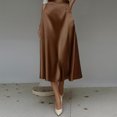thumbnail image 2 of Morttic Women's Elegant Solid Color Silky Satin A-Line Midi Skirt – High Waist Flowy Swing Skirt with Hidden Side Pockets Dark Brown，L, 2 of 5