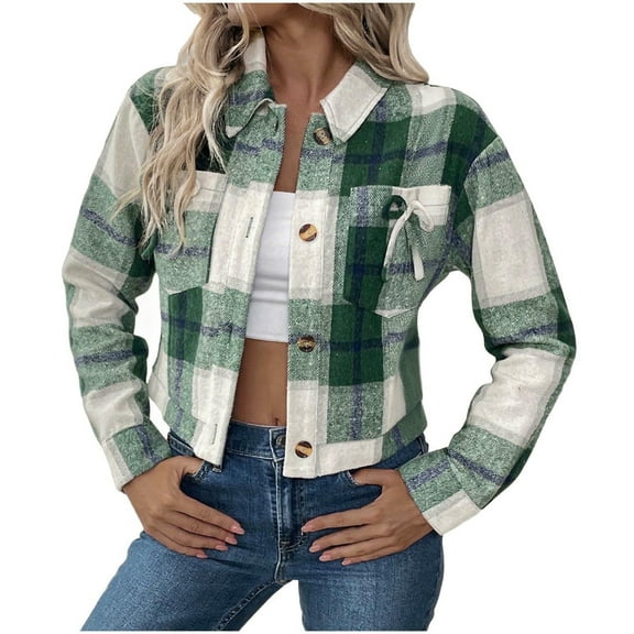 FNFHFY Flannels for Women Cropped Shacket Jacket Fashion Plaid Button Down Shirt 2025 Lapel Fall Clothes with Chest Pockets
