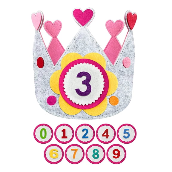 Birthday Crown Hat with Numbers,Children's Fabric Hat,Interchangeable Numbers 0-9,Boys Girls Hats for Birthdays (Pink Hearts)