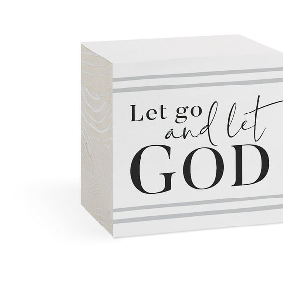 Let Go And Let White and Grey Stripe 3 x 3 Pine Wood Tabletop Plank Sign