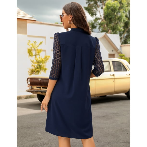 Women's Office Tunic Dress Lace Puff Sleeve Flowy Shift Dress V Neck Office Dresses  Navy Blue 2XL - Walmart Business Supplies