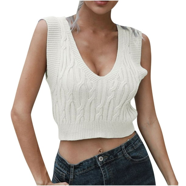 Chaleco corto con cuello en V para mujer Suéter Chaleco corto para