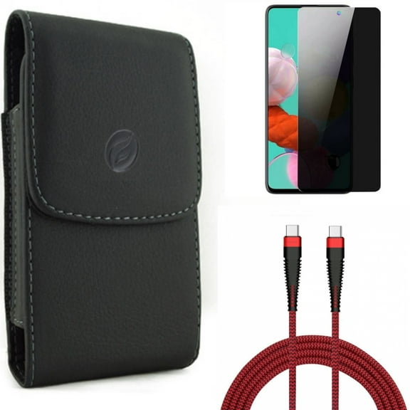 10ft PD Cable & Case Belt Clip & Privacy Screen Protector for Samsung Galaxy S20 Fan Edition - Type-C to USB-C Charger Cord   Leather Holster   Tempered Glass Anti-Spy Combo