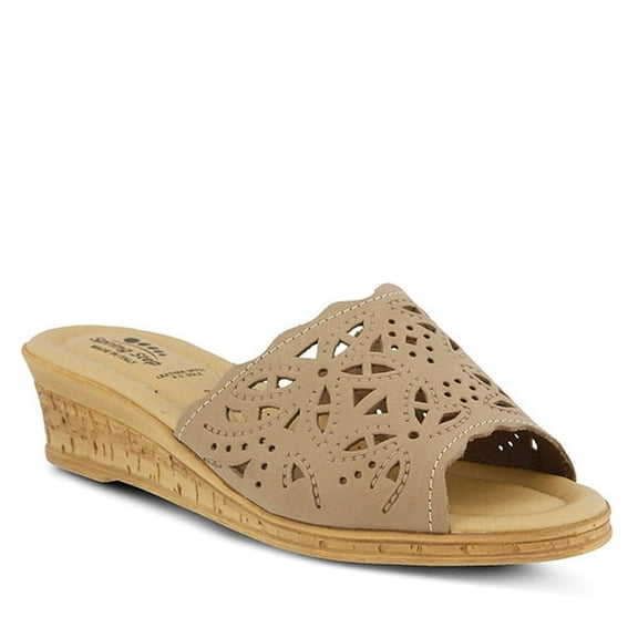 Spring Step Estella Women's Fashion Wedge Slide Sandals – Casual Leather Heel with Geometric Laser-Cut Detailing