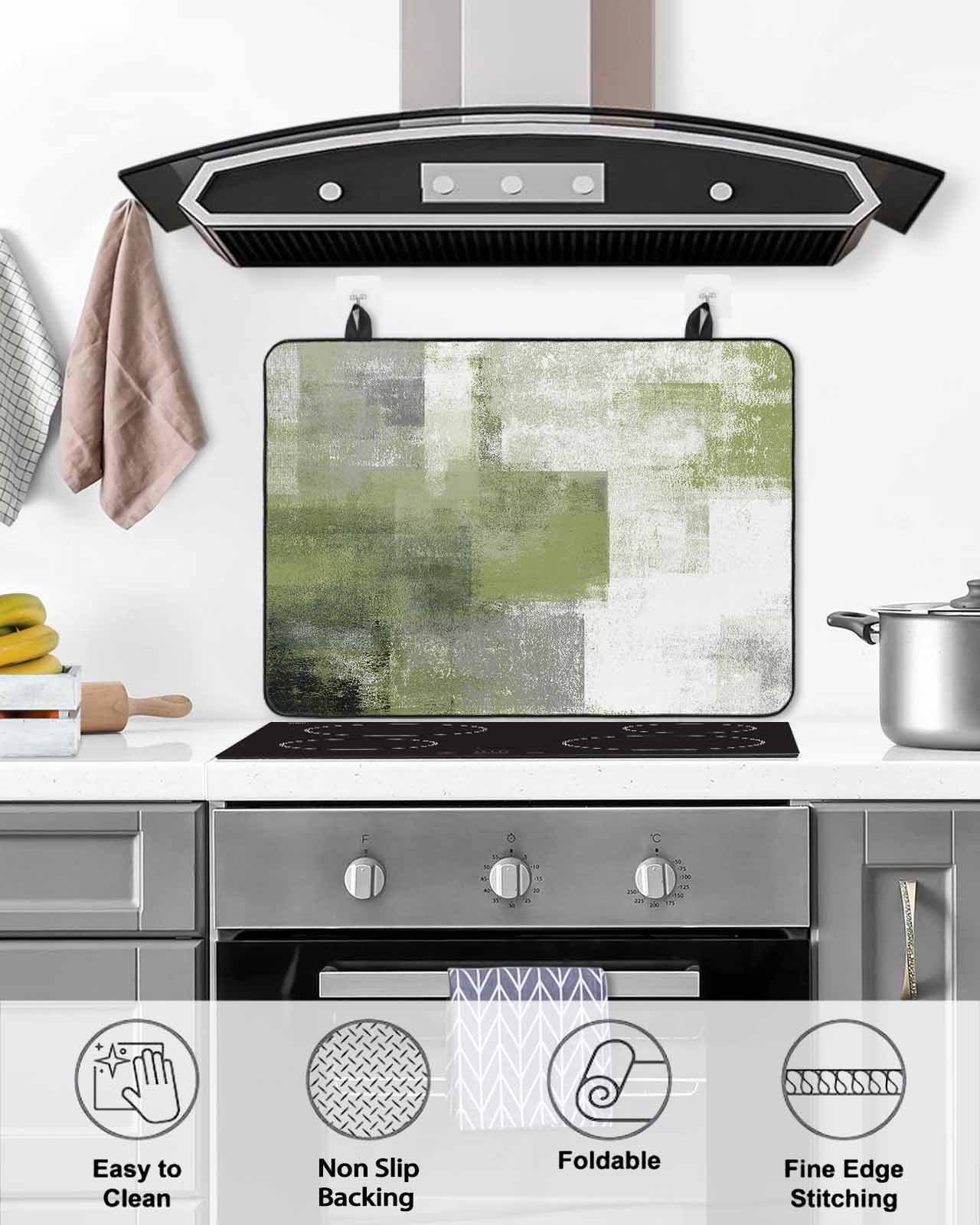 nqOlkjepod Large Induction Cooktop Protector Mat 36"x21", Sage Green Ombre Stove Top Covers for Electric Stove, Vintage Shabby Abstract Plaid Art Stove Burner Cover Mats, Glass Top Stove Cover