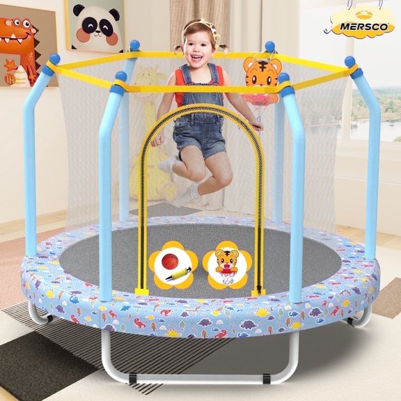 Mersco 55inch Toddler Trampoline, Mini Trampoline for Kids with Enclosure and Basketball Hoop,Indoor Outdoor Kids Trampoline Birthday Gifts, Print