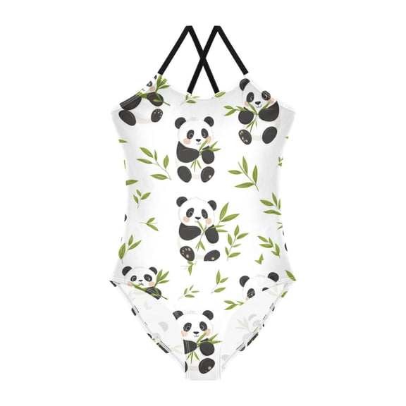 Girls' One-piece Swimsuit Cross Back Bathing Suit Beach Surfing Sizes 3T-10T Panda Eating Bamboo