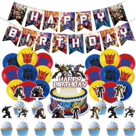 32 Pcs For Transformers One Theme Birthday Party Decorations Set,with Banner,Cake Topper,18 Balloons,12 Cupcake Toppers,All-in-One Celebration Kit