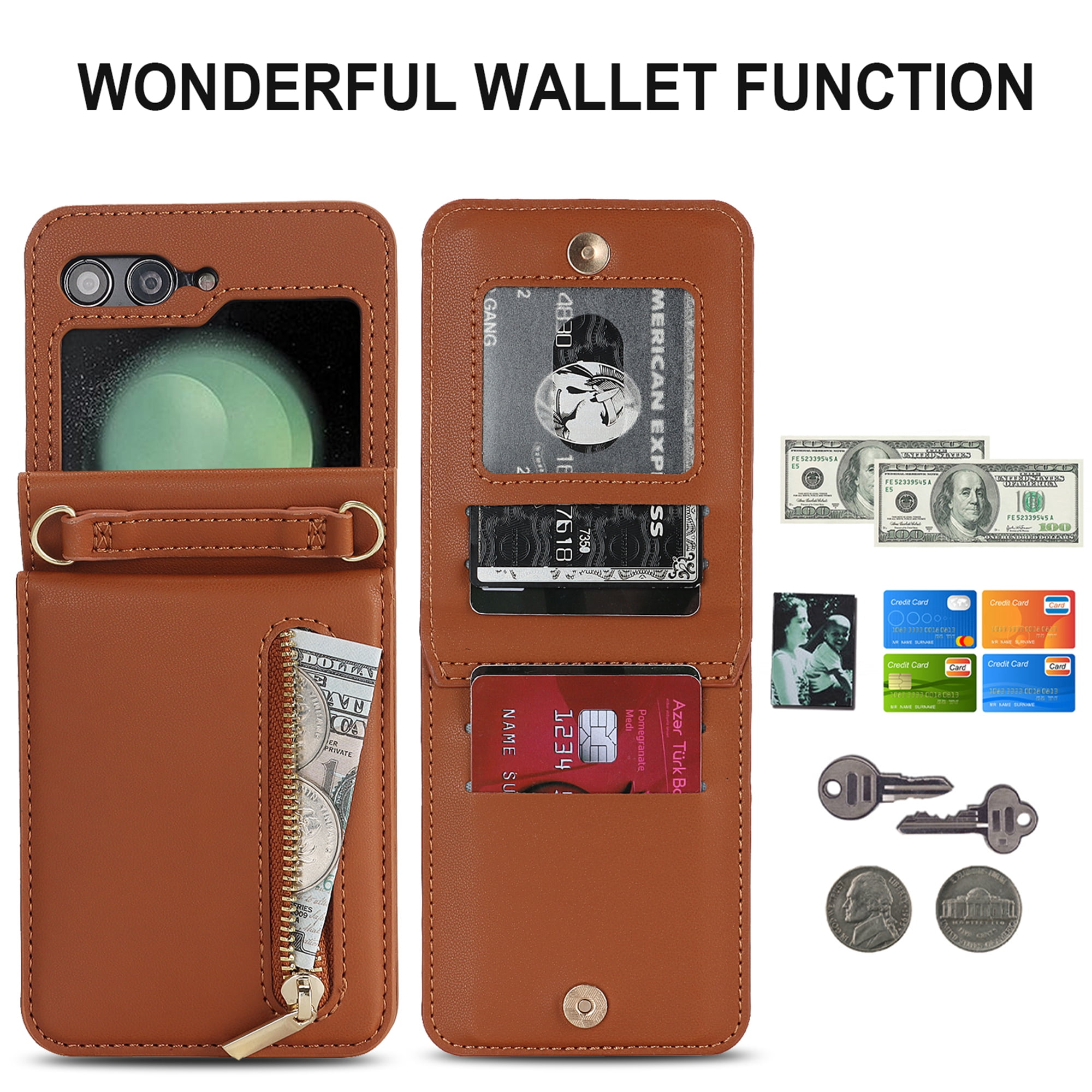 Decase for Samsung Galaxy Z Flip 5 Luxury Zipper Wallet Phone Case, Multi-Function Kickstand Card Holder Adjustable Fashion Flip Cover Case with Crossbody Strap for Samsung Z Flip 5 5G,Brown