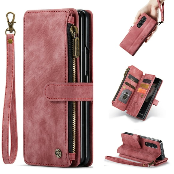 Allytech for Galaxy Z Fold 4 Wallet Case with 1 Cash Slot & 5 Card Holders, Zipper Pocket Flip Stand Magnetic Closure Wristlet Lanyard Retro PU Leather Case for Samsung Z Fold 4 5G 2022, Red