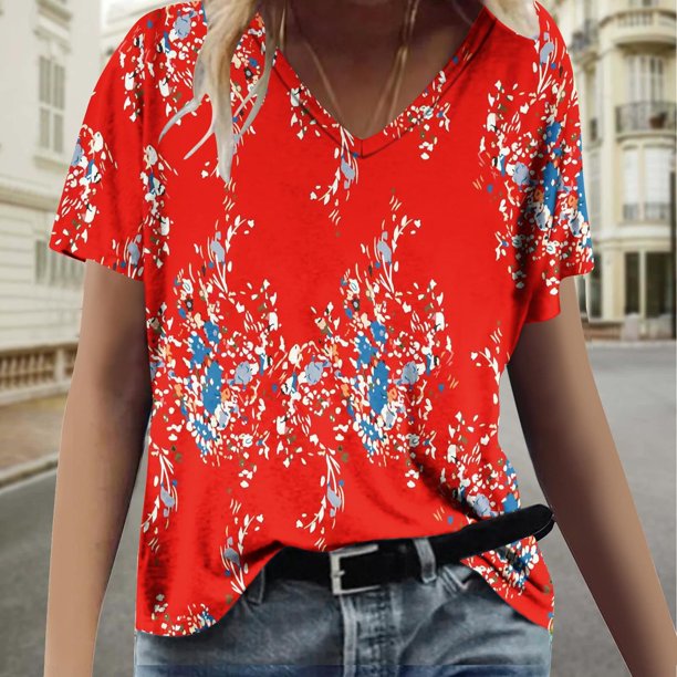 Fiudx Liquidación de Ahorros de Verano Moda Mujer Causal V-Cuello Impresión Blusa Manga Corta Camiseta Verano Tops