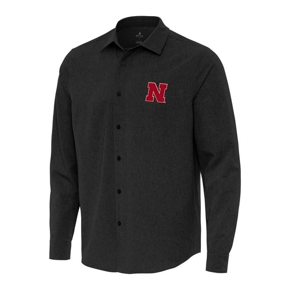 Men's Antigua Black Nebraska Huskers Exposure Woven Long Sleeve Button-Up Shirt