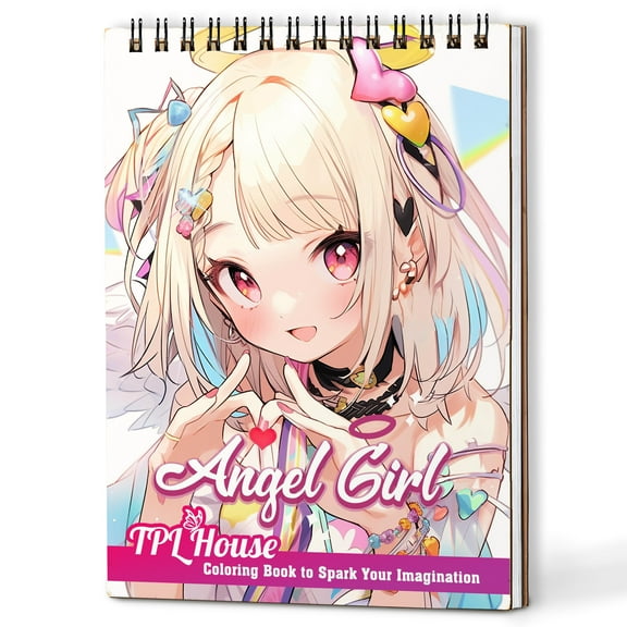 TPLHOUSE Angel Girl Coloring Book Spiral Bound for Adults, A5 Wooden Cover, Heavenly 30 Angelic Coloring Pages of Delicate Aesthetic of Anime Girls for Stress Relief and Relaxation