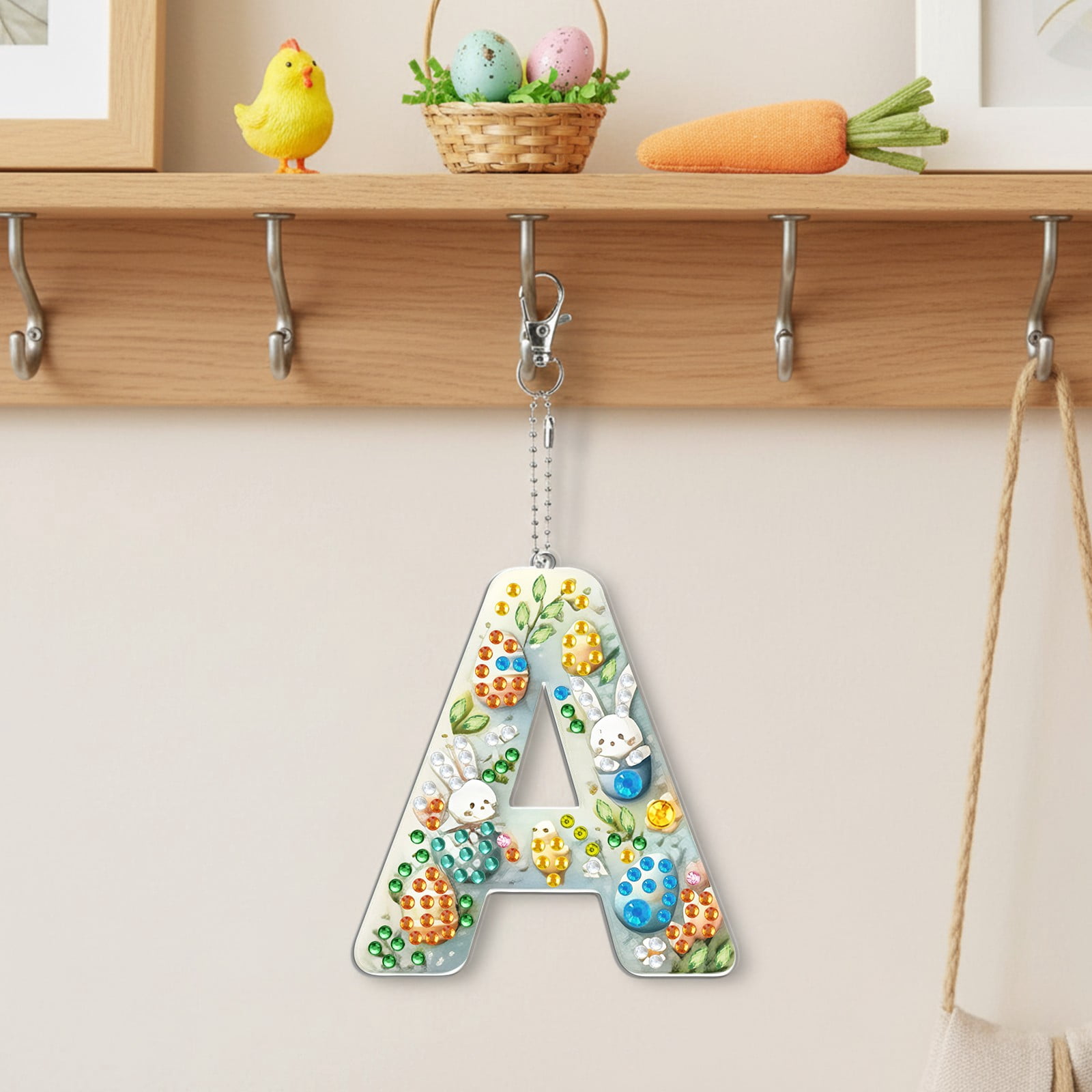 FLOPESN DIY Diamond Art Painting Easter Bunny Egg Letters Acrylic Keychain,Creative Design Double-Sided Diamond Craft For a gift to Friend Family-A