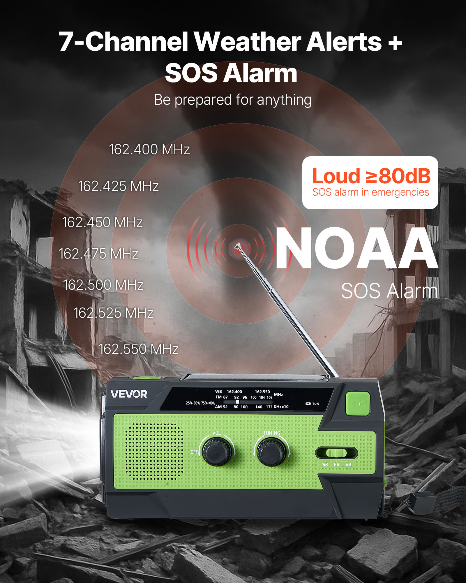 VEVOR Emergency Weather Radio, 4000mAh Battery, FM/AM/WB/NOAA Alert Solar Hand Crank Emergency Radio, with USB Charging Cable, SOS Alarm and Flashlight, Portable for Outdoor Emergencies, Camping