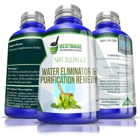 Nat Sulp 6x Water Eliminator & Purification Remedy, 300 pellets, Good for Illness caused by Damp Weather, Use for Coughs, Colds, Earaches, Rheumatism & Green Phlegm, Helps Regulate Body