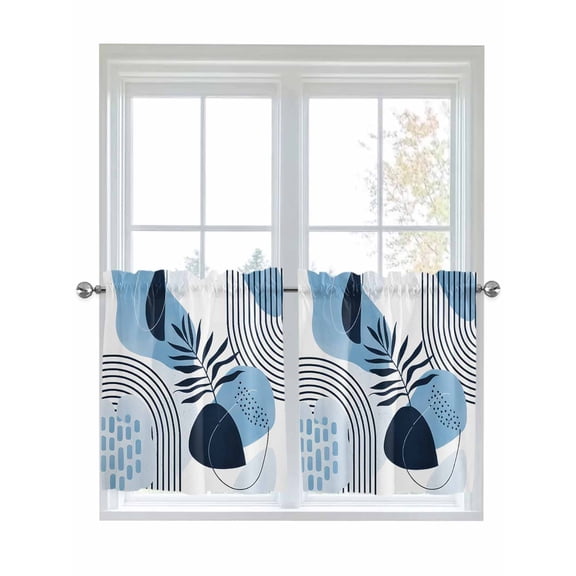 Blue Bohogeometric 2 Panel Kitchen Curtains for Small Windows, Bohemia Ethnic Abstract Lines Leaf Bathroom Tier Curtain, Short Window Treatment for Bedroom/Living Room 55"x24"