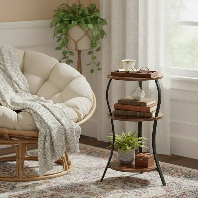 End Table With 3 Storage Shelves, Wood Narrow Side Table - 2 Pcs - Grey