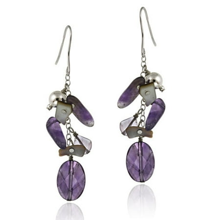 Sterling Silver Beads, Abalone, Amethyst Chips & Nuggets Cluster Earrings
