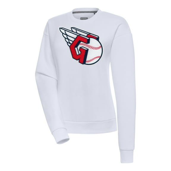 Women's Antigua  White Cleveland Guardians Victory Chenille Pullover Sweatshirt