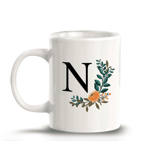 N Floral Pattern 11oz Ceramic Coffee Mug | Initial Personalized Gift