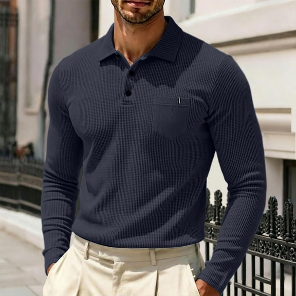 Mfakffe Men Knit Long Sleeve Polo Shirts Solid Collared Button Placket Daily Tops Soft Breathable Spring Fall Casual Layering Apparel