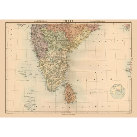 Historic Map - India Sri Lanka - Black 1867 - Vintage Wall Art